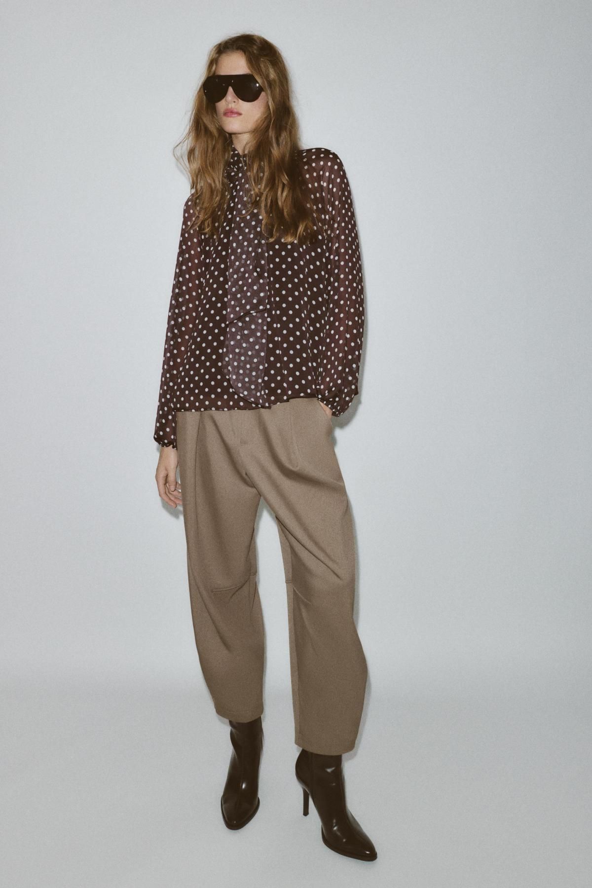 자라 트렌디 도트 리본 하이넥 블라우스 1165/237 BROWN / ECRU - 상세 이미지 2
