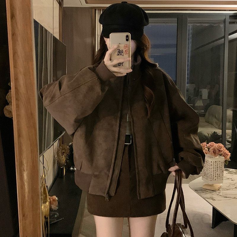 여성 빅사이즈 오버핏 스웨이드 아메카지 항공점퍼 가을 간절기 내피 겨울 누빔 숏패딩 보온 자켓 점퍼 - 상세 이미지 2