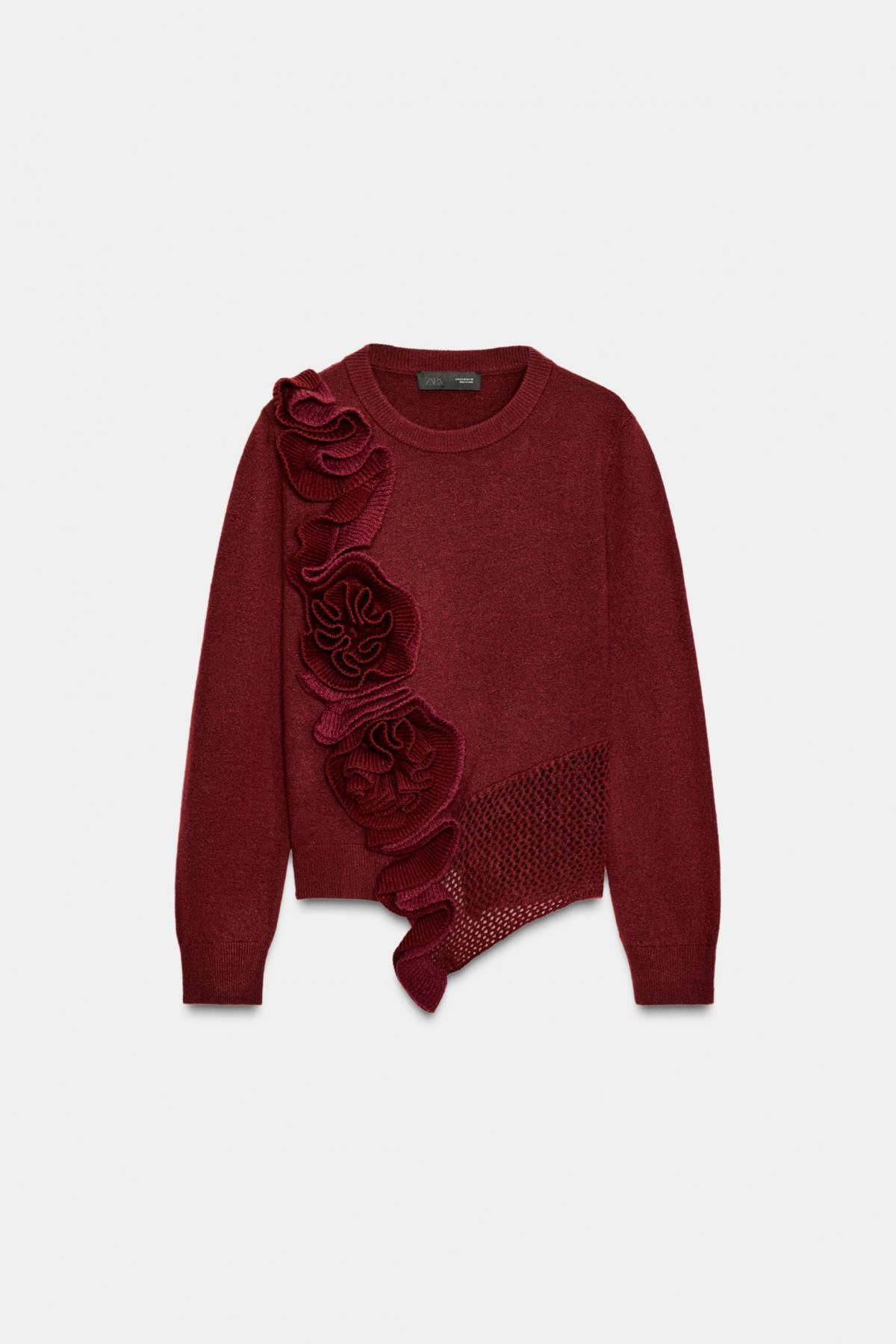 자라 플라워 텍스처 라운드넥 니트 스웨터 9874/110 BURGUNDY - 상품 이미지
