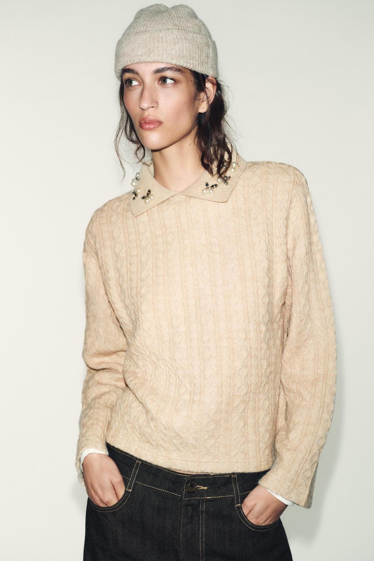 자라 주얼카라 라운드넥 케이블 니트 스웨터 1067/649 LIGHT BEIGE - 상세 이미지 5