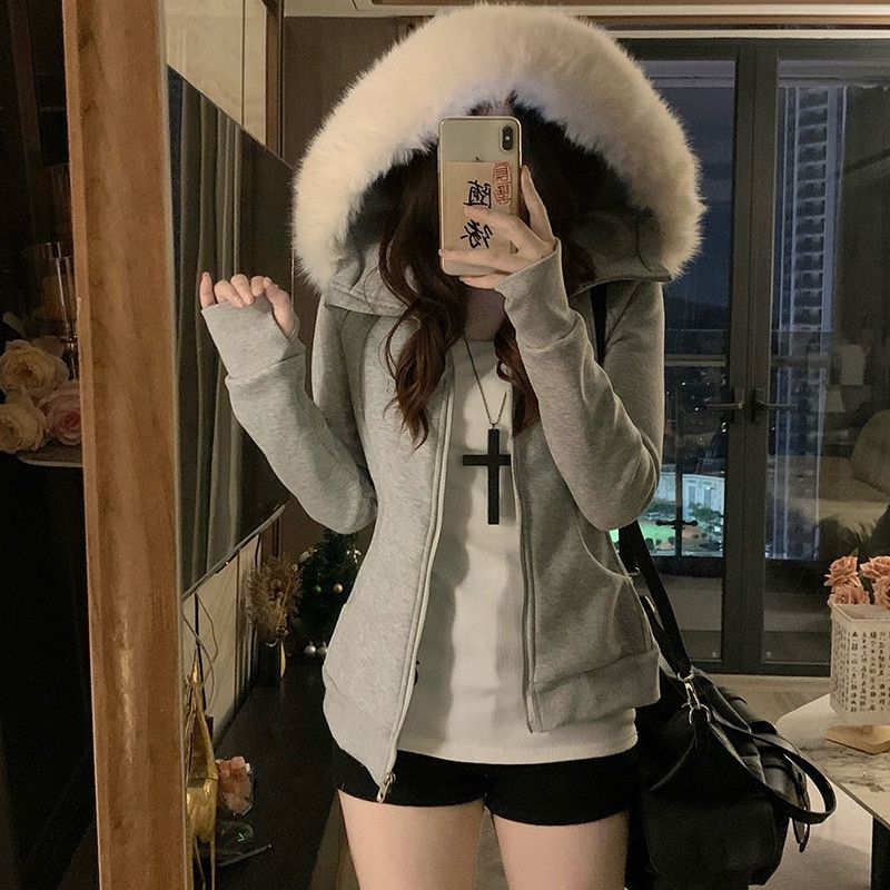 여성 빅사이즈 멜란지 퍼 후드 크롭 기모집업 슬림핏 숏 자켓 따뜻한 겨울 데일리 아우터 점퍼 - 상세 이미지 2