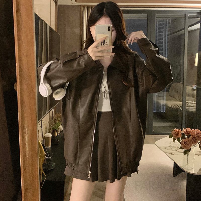 여성 오버핏 루즈핏 인조가죽 레더 자켓 점퍼 블루종 항공점퍼 아우터 간절기 데일리 캐주얼 스트릿 시크 패션 봄 가을 - 상세 이미지 5