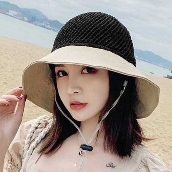 왕골 여성 버킷 햇 라탄 버킷 햇 비치 리본 - 상품 이미지