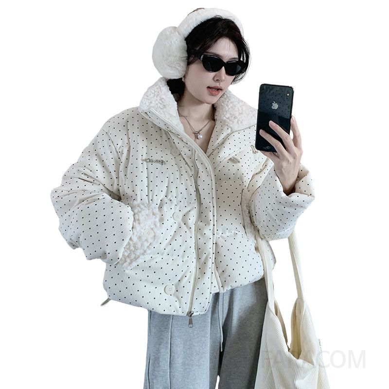 여성 빅사이즈 도톰한 폴카닷 패턴 숏패딩 누빔 하이넥 자켓 데일리룩 겨울 아우터 - 상세 이미지 5