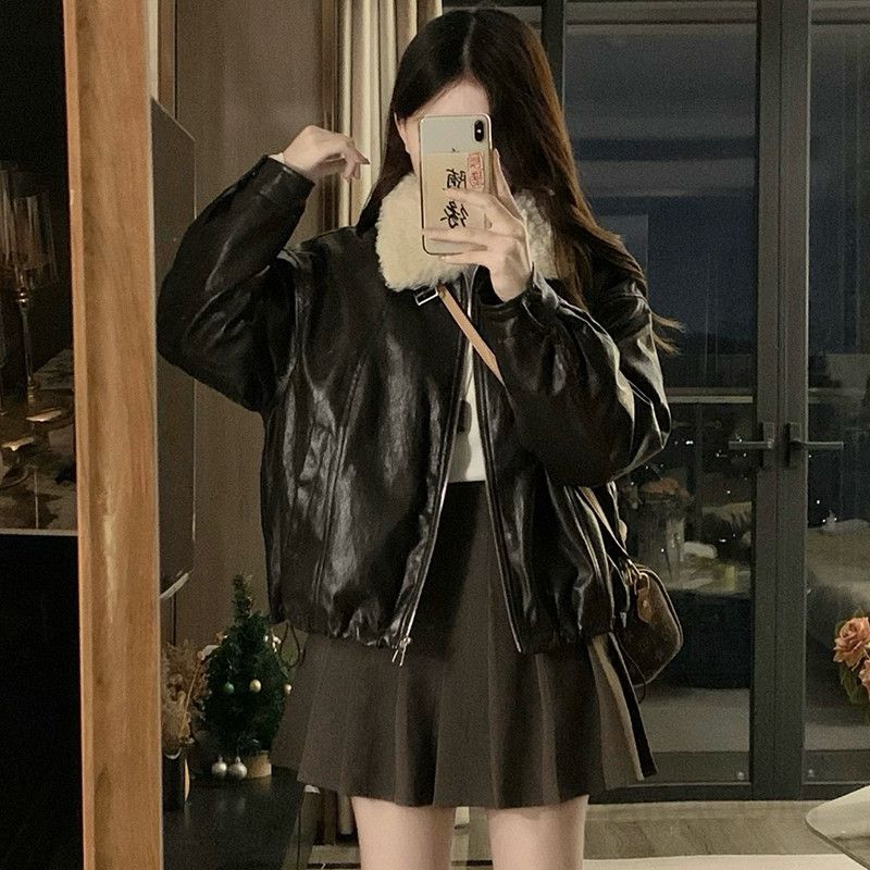 여성 빅사이즈 PU레더 숏 항공 점퍼 무스탕 뽀글이 카라 보온성 루즈핏 데일리 스타일리시 겨울 아우터 재킷 - 상세 이미지 2