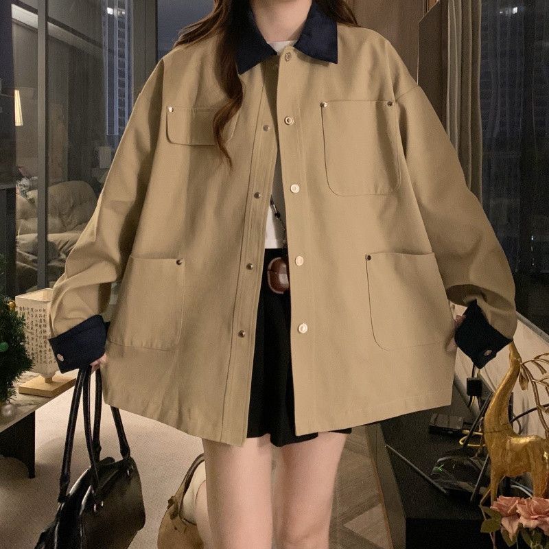 여성 카라 루즈핏 오버핏 박시핏 배색소매 데일리 캐주얼 간절기 아방핏 자켓 점퍼 재킷 바람막이 아우터 봄 가을 - 상세 이미지 4