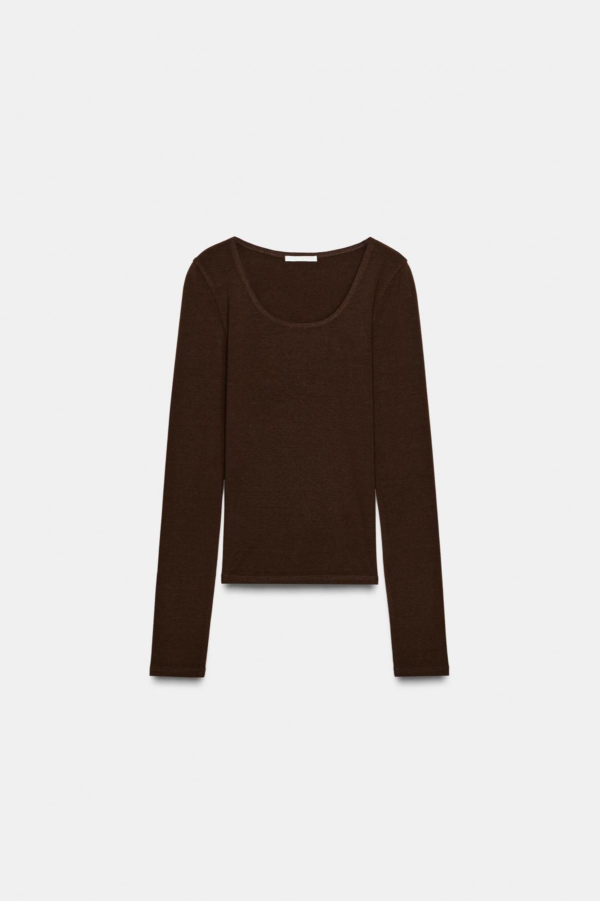 자라 베이직 슬림핏 라운드넥 긴팔 티셔츠 3641/750 BROWN - 메인 이미지