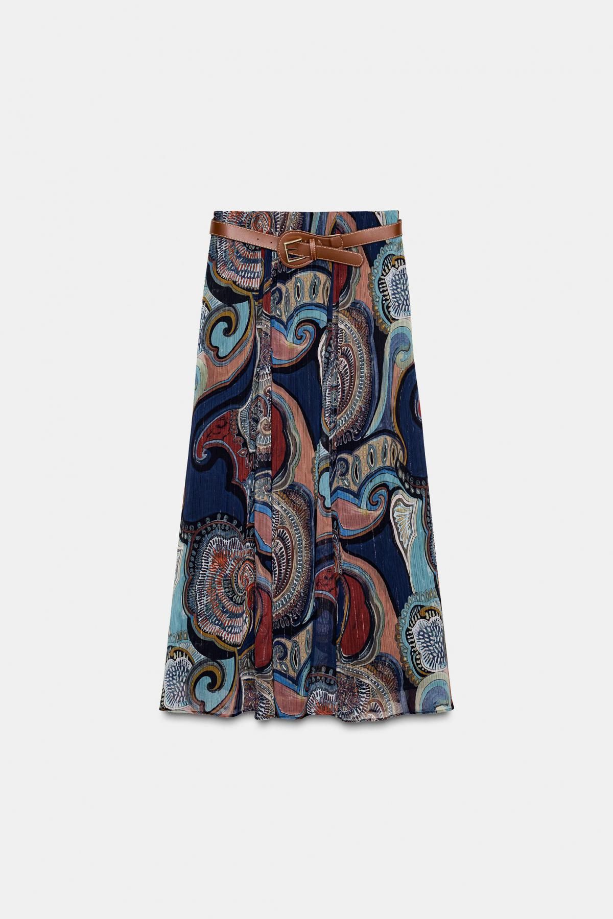 자라 페이즐리 프린트 벨트 메탈릭 미디 스커트 9540/274 BLUE / NAVY - 메인 이미지