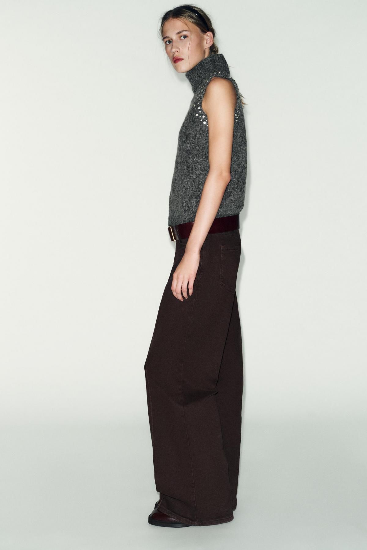 자라 울 혼방 하이넥 니트 탑 라인스톤 비즈 4938/121 ANTHRACITE GREY - 상세 이미지 3