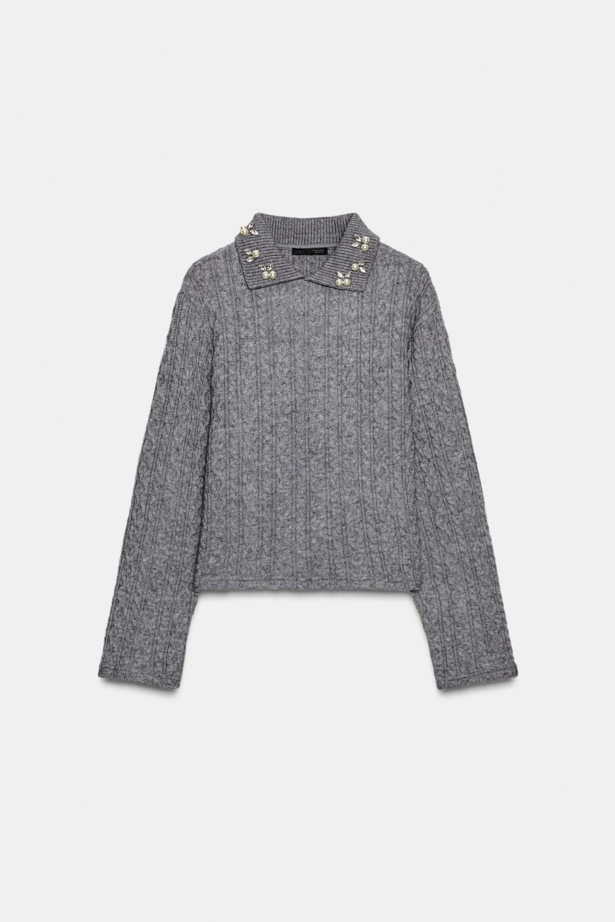 자라 주얼카라 라운드넥 케이블 니트 스웨터 1067/649 GREY MARL - 상품 이미지