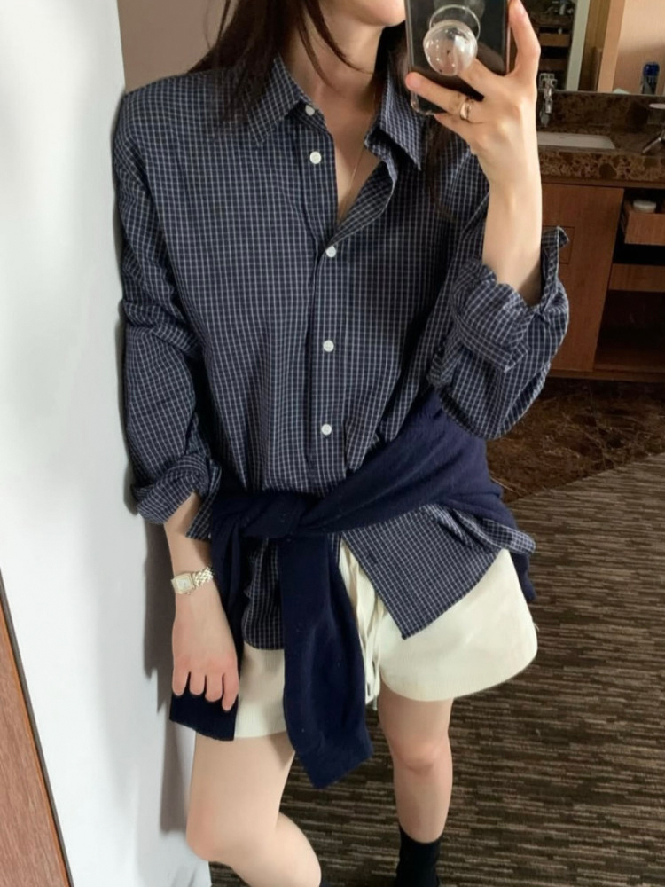 캐주얼 무드 오버핏 여성 체크 셔츠 남방 간절기 레이어드 긴팔 여자 가을 셔츠 남방 - 메인 이미지