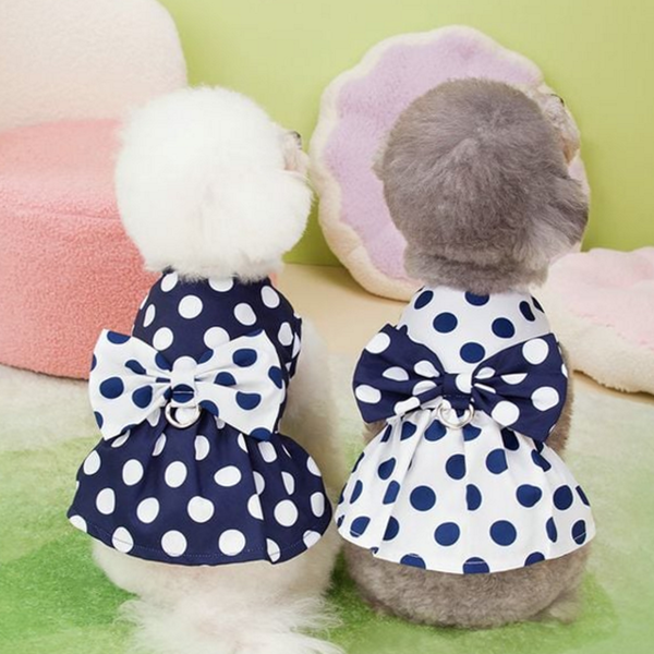 땡땡이 강아지 원피스 멜빵 강아지 하네스 원피스 리본 여름 - 상품 이미지