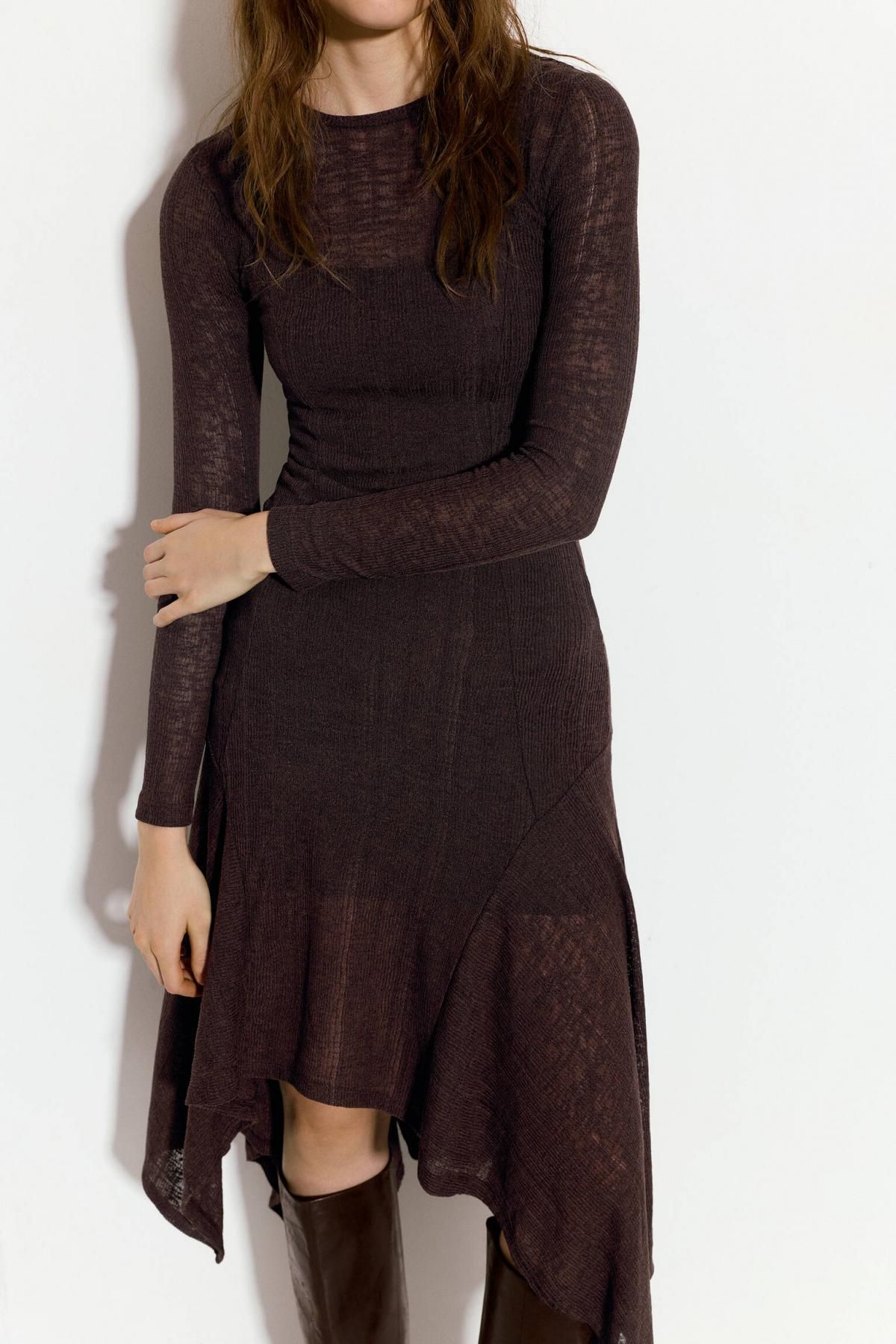 풀앤베어 세미시스루 비대칭 헴 미디 원피스 7394/379 BROWN - 상세 이미지 4