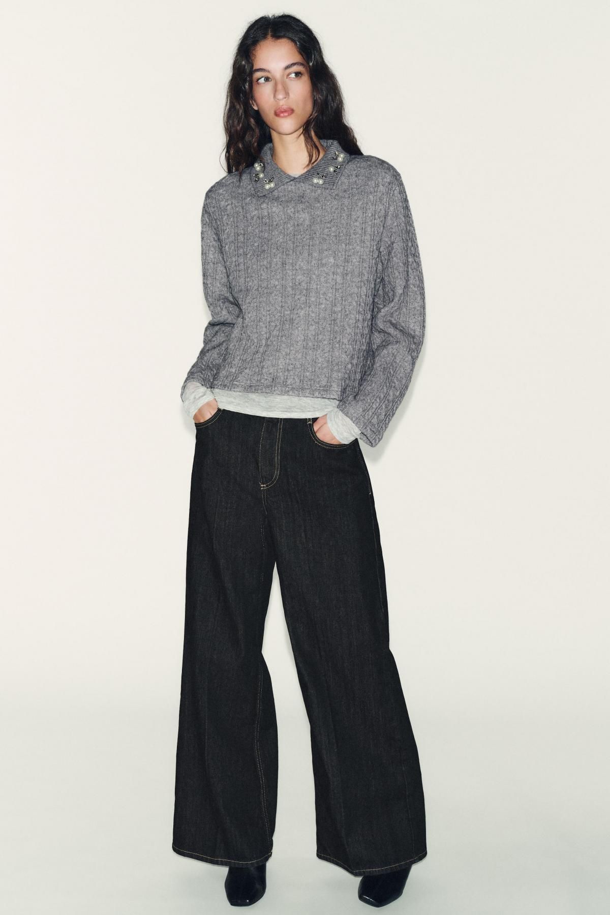 자라 주얼카라 라운드넥 케이블 니트 스웨터 1067/649 GREY MARL - 상세 이미지 2