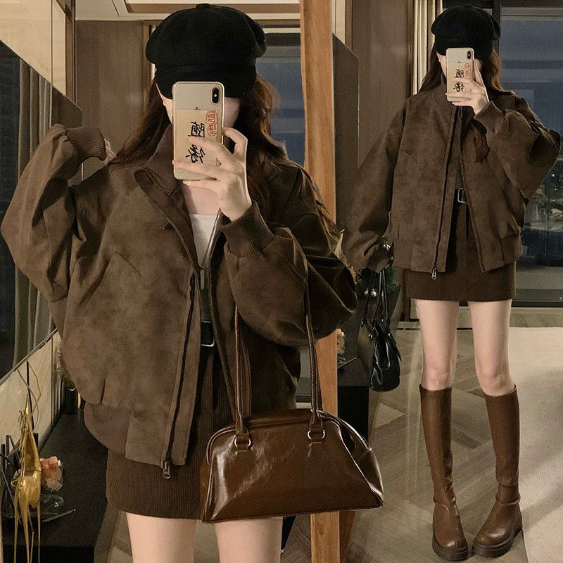 여성 빅사이즈 오버핏 스웨이드 아메카지 항공점퍼 가을 간절기 내피 겨울 누빔 숏패딩 보온 자켓 점퍼 - 메인 이미지