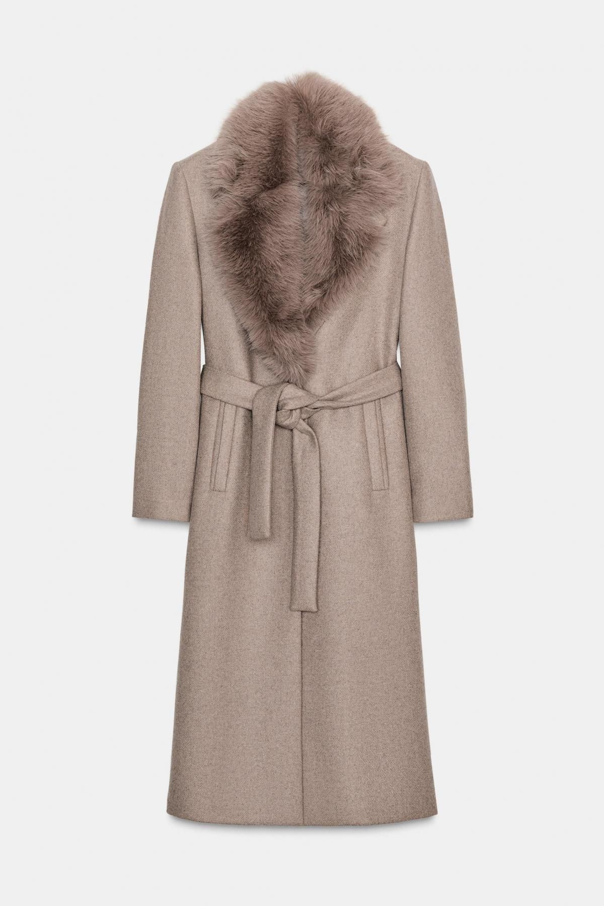 자라 페이크 퍼 카라 벨트 울 롱 코트 8535/107 LIGHT MINK - 메인 이미지