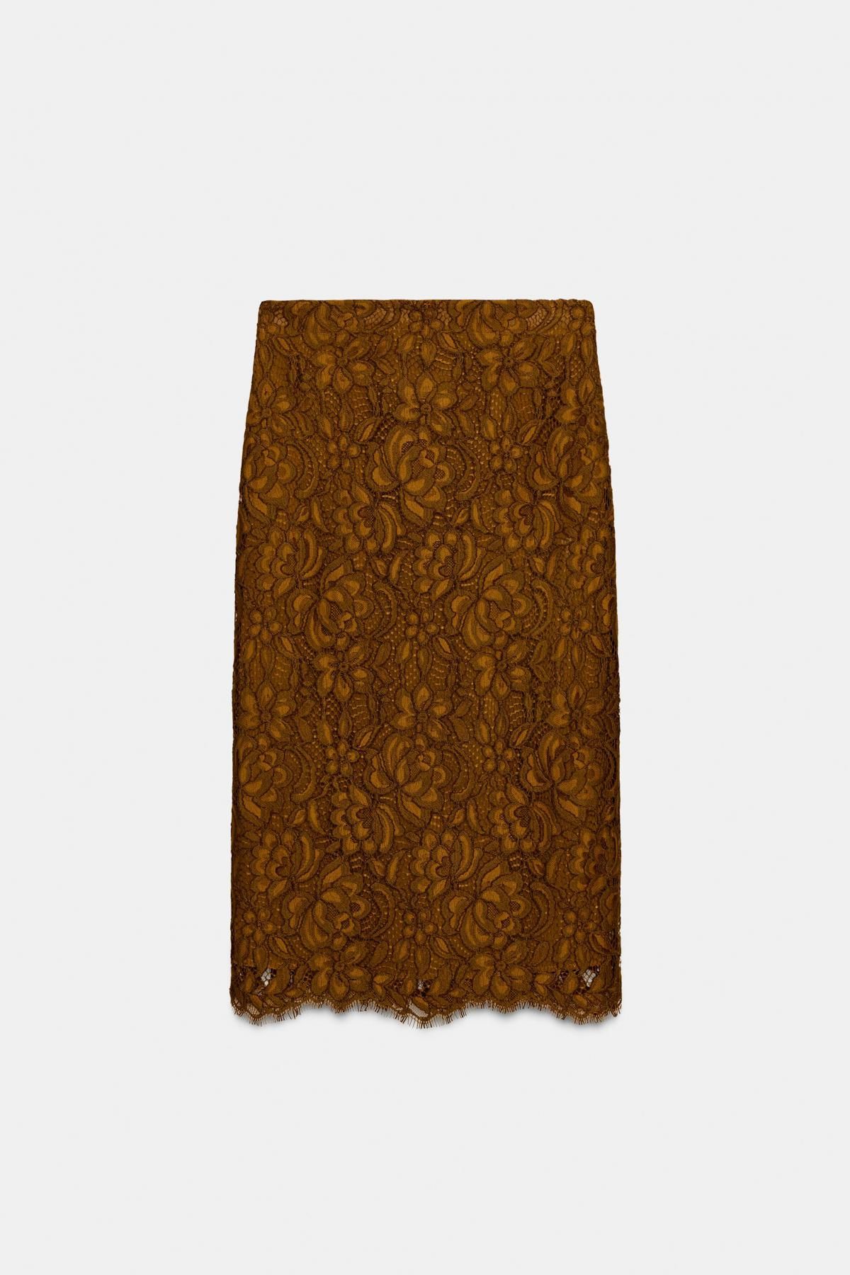 자라 브라운 레이스 미디 스커트 1758/105 MUSTARD - 메인 이미지