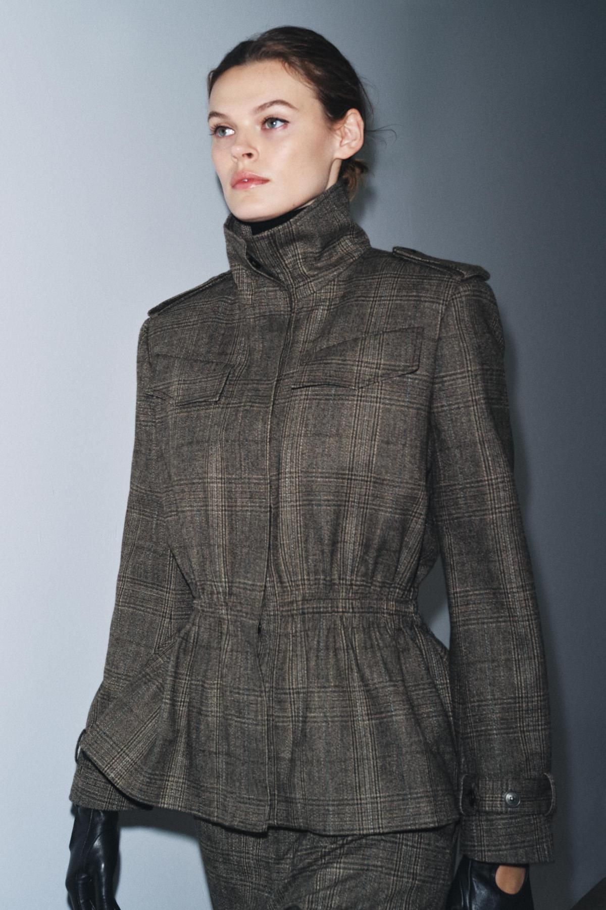 자라 체크 울 블렌드 하이넥 페플럼 재킷 9132/863 BROWN MARL - 상세 이미지 3