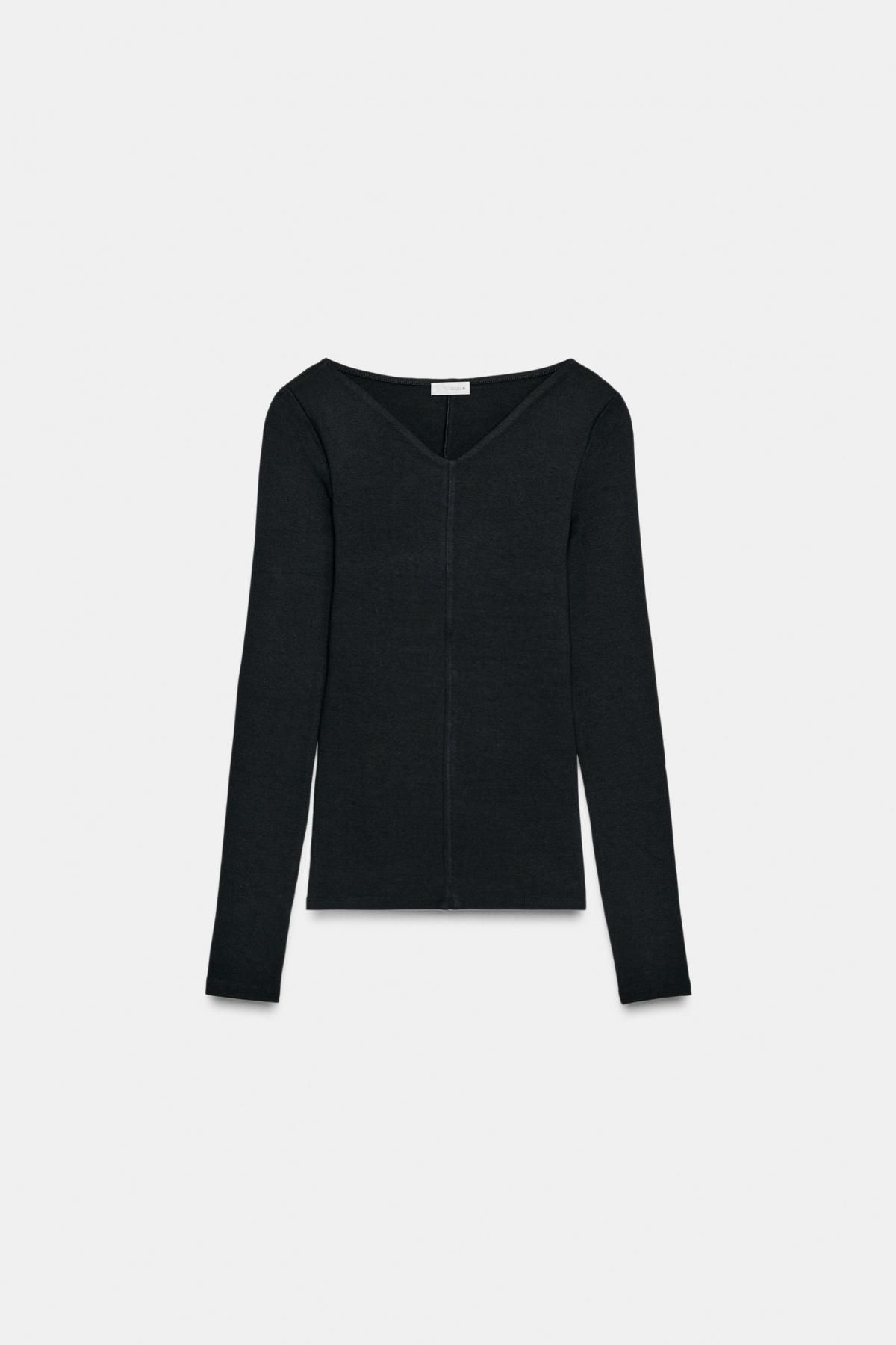 자라 슬림핏 브이넥 긴팔 티셔츠 4174/761 BLACK - 메인 이미지