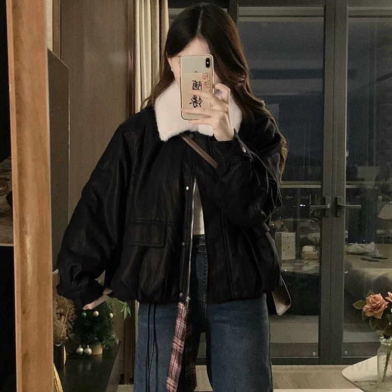 여성 양털안감 PU 가죽 무스탕 항공점퍼 오버핏 두툼한 루즈핏 캐주얼 데일리 겨울 아우터 - 상세 이미지 3