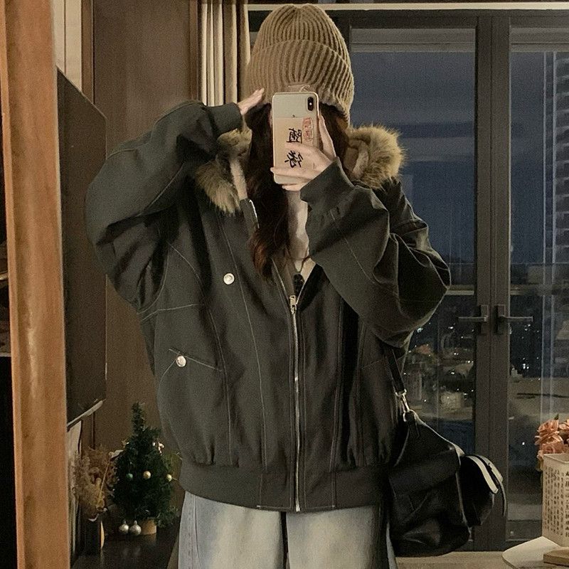 여성 겨울 모조 토끼털 재킷 짧은 디자인 따뜻한 착용감 캐주얼한 스타일 면 코트 클린핏 외출용 - 상세 이미지 2