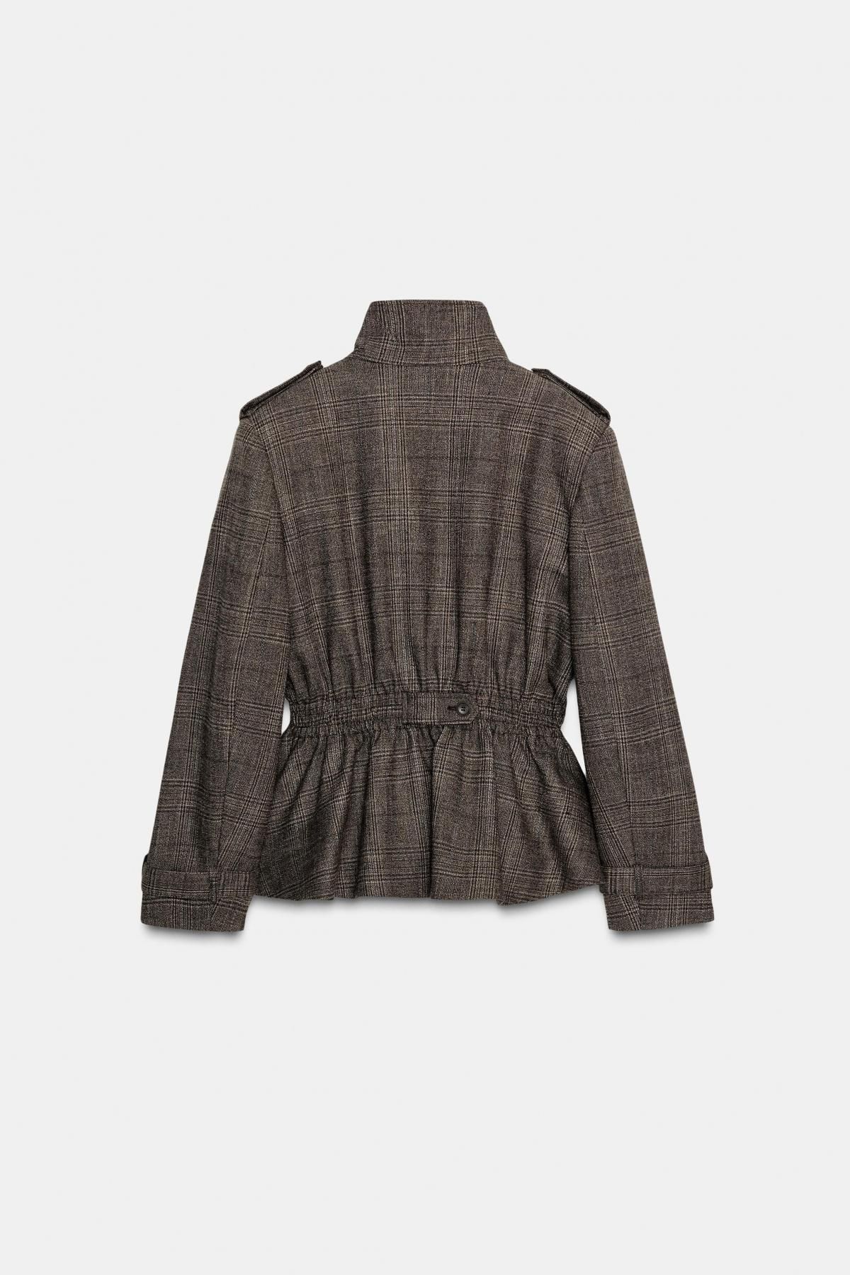 자라 체크 울 블렌드 하이넥 페플럼 재킷 9132/863 BROWN MARL - 상세 이미지 5