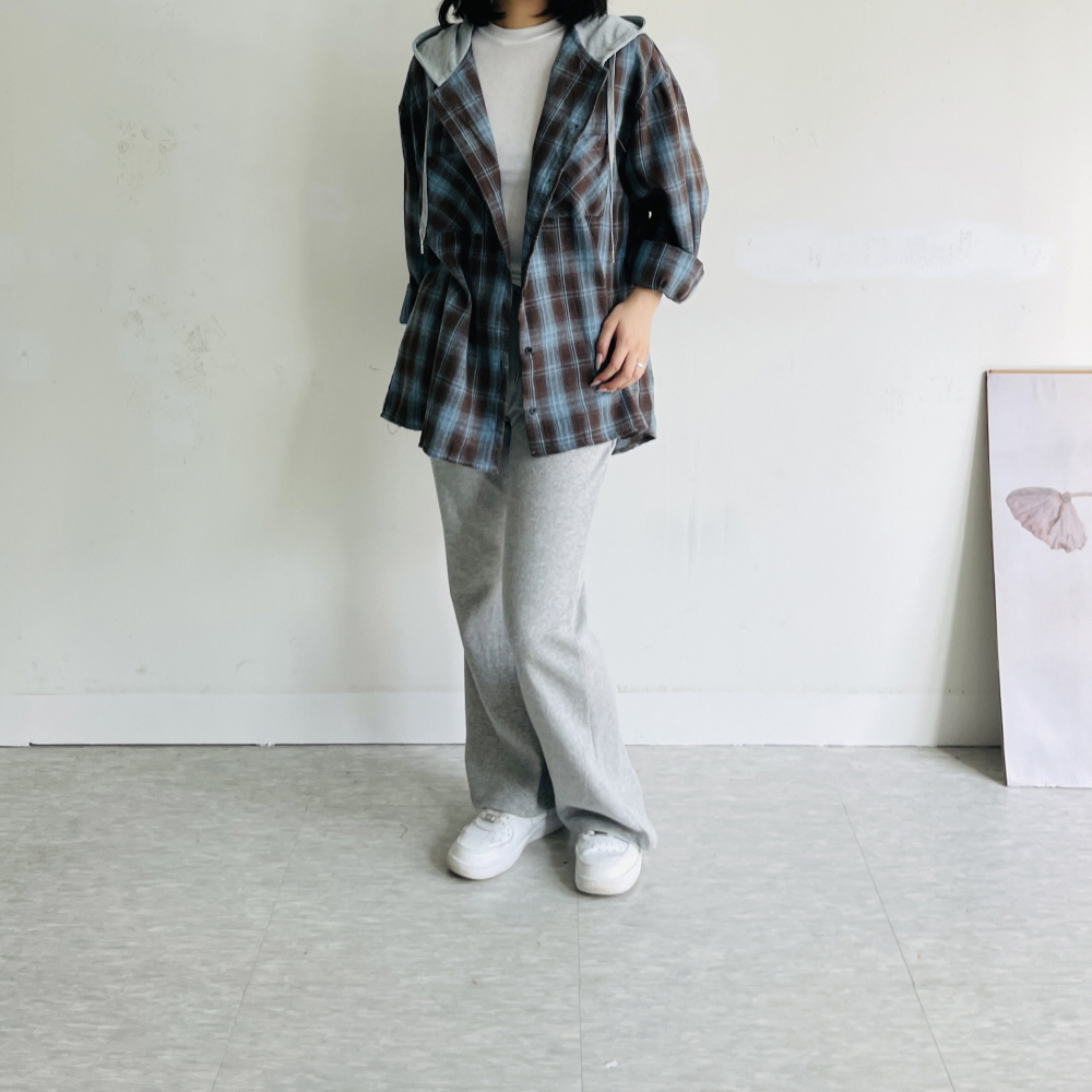 체크남방 오버핏 빅사이즈 언발 체크 후드 셔츠 - 상세 이미지 2