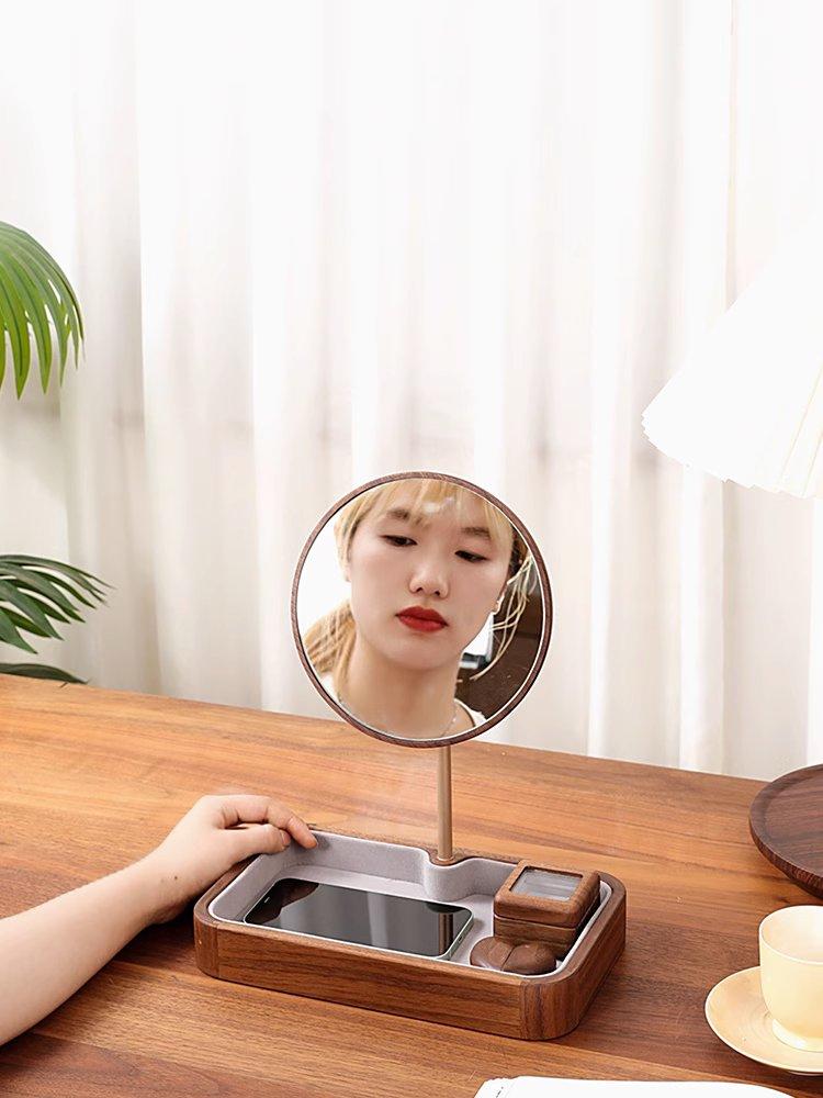 북유럽 원형 황동 화장대 포인트 스탠딩 원목 월넛 탁상거울 거울 - 상세 이미지 5