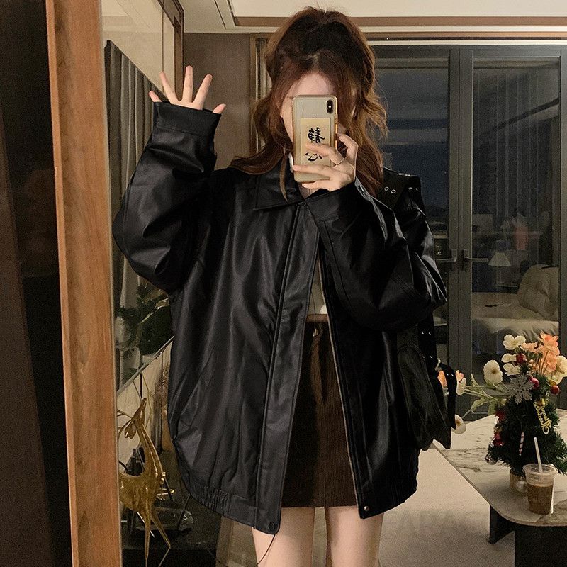 여성 빅사이즈 루즈핏 PU 가죽 자켓 점퍼 오버핏 데일리 캐주얼 패딩 안감 간절기 아우터 봄 가을 겨울 - 상세 이미지 2