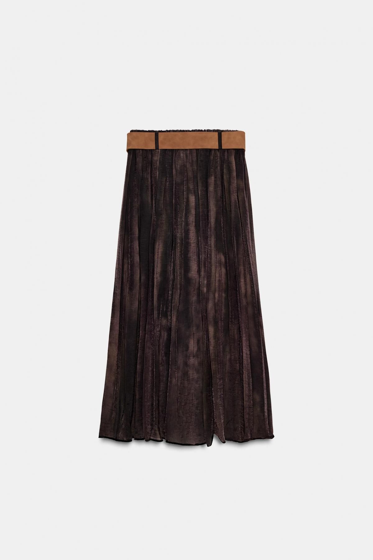 자라 프린트 벨티드 플리츠 미디 스커트 3897/193 BROWN / GREEN - 상세 이미지 5