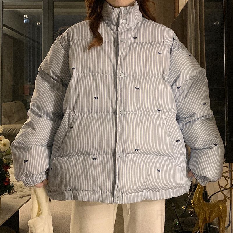 여성 빅사이즈 스탠드넥 루즈핏 스트라이프 패딩 자켓 따뜻한 겨울 점퍼 오버핏 아우터 - 상세 이미지 4
