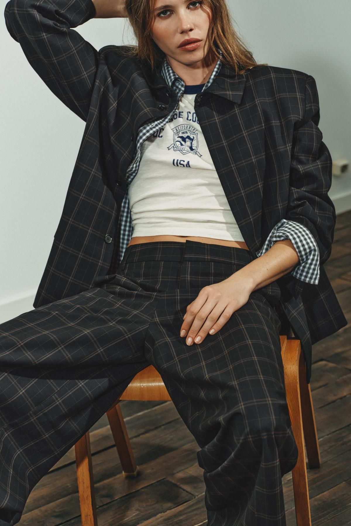 자라 체크 하이웨이스트 와이드 팬츠 1255/559 BLACK / BROWN - 상세 이미지 5