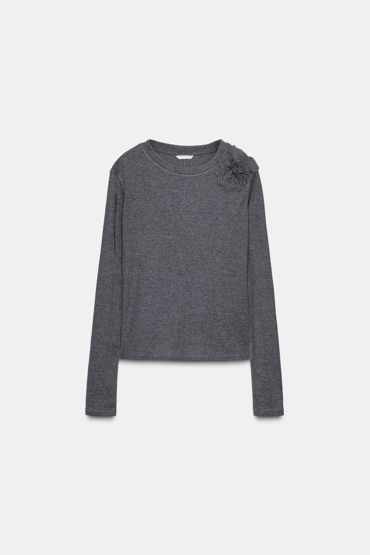 자라 플라워 슬림핏 라운드넥 긴팔 티셔츠 1131/862 DARK GREY - 메인 이미지