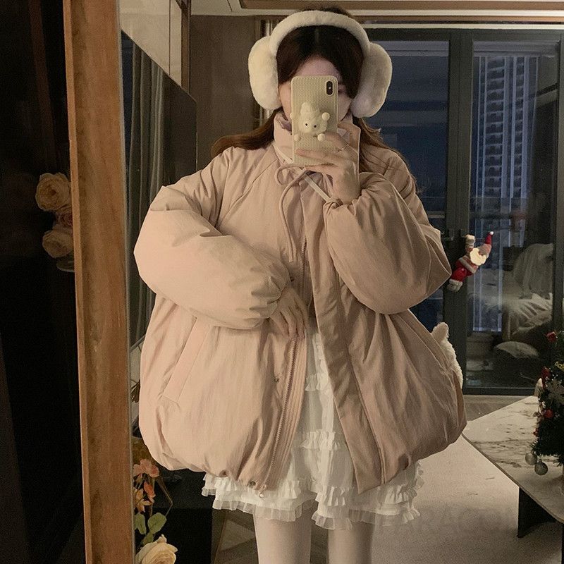여성 빅사이즈 루즈핏 오버핏 웰론 숏패딩 점퍼 벌룬소매 하이넥 스트링넥 도톰한 폭신한 겨울 캐주얼 데일리 아우터 자켓 - 상세 이미지 4