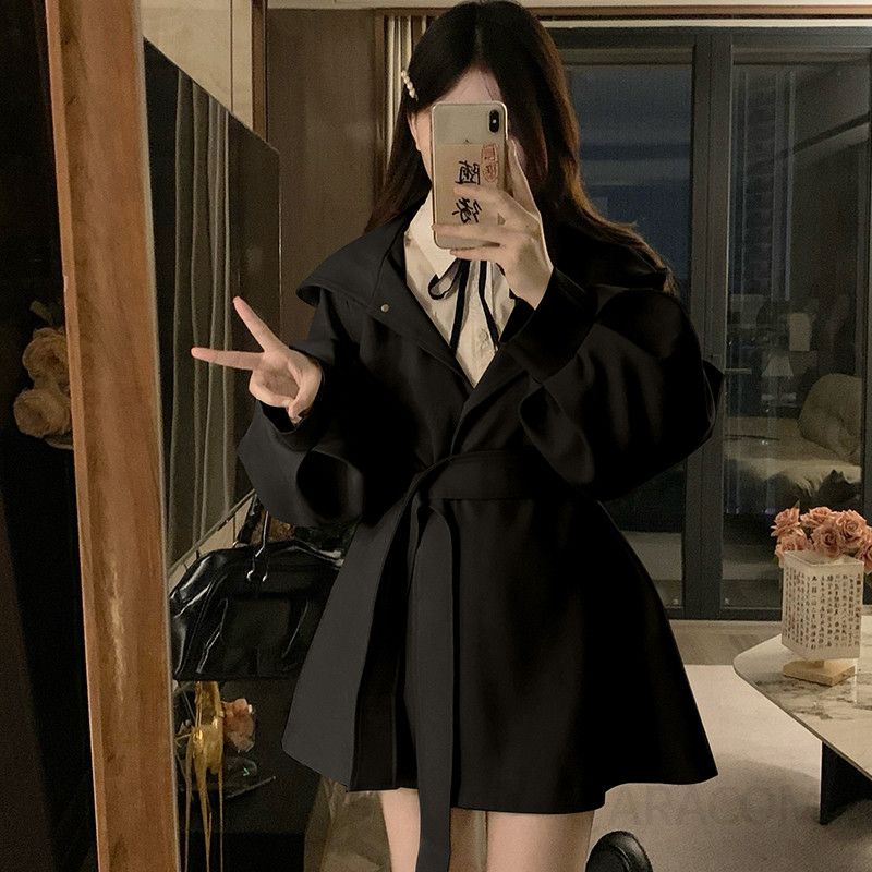 여성 빅사이즈 벨트세트 후드 퍼프소매 루즈핏 플레어 A라인 오버핏 숏 트렌치 코트 간절기 자켓 점퍼 봄 가을 - 상세 이미지 4