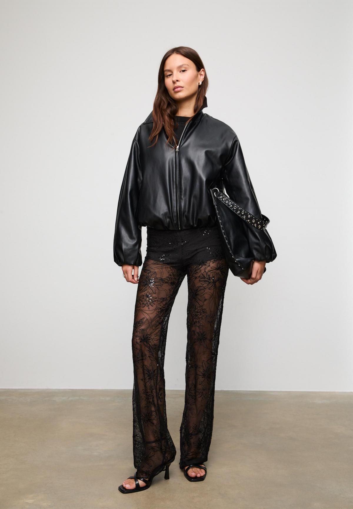 스트라디바리우스 시퀸 플라워 자수 시스루 와이드 팬츠 4534/775 BLACK - 상세 이미지 5