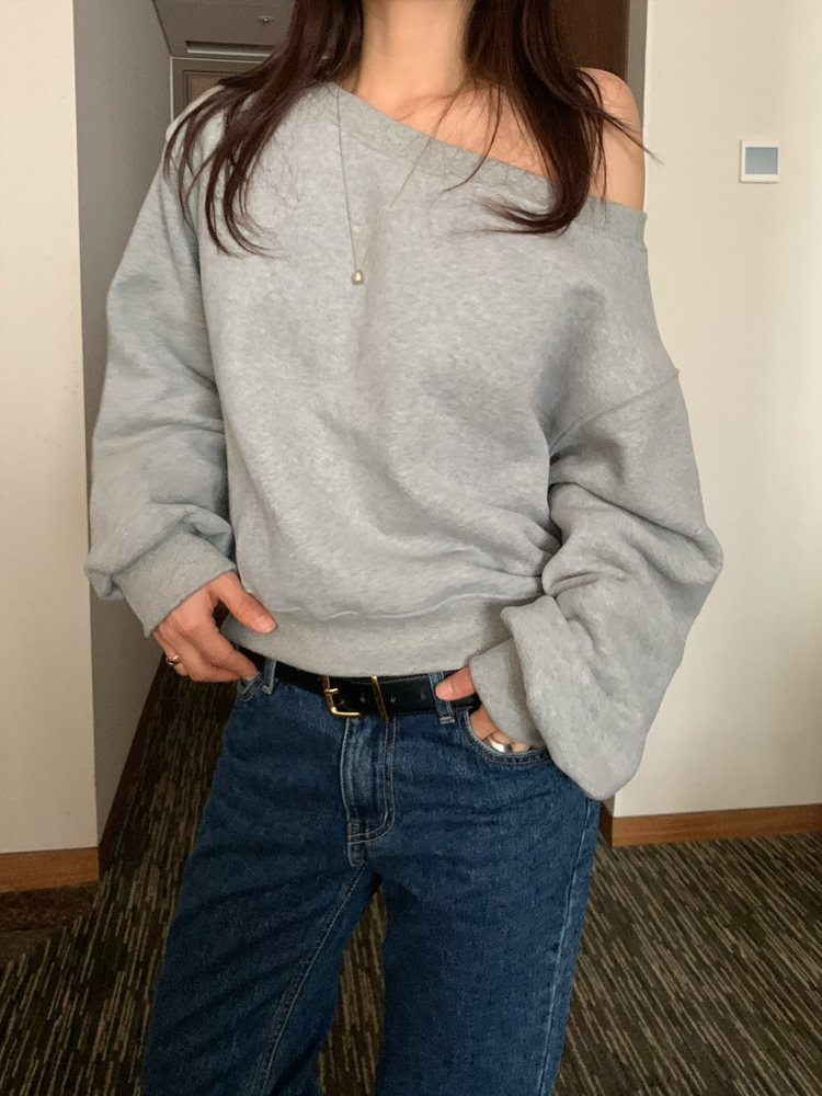 세미 크롭 언발 속기모 오버핏 보트넥 여성 맨투맨 티셔츠 겨울 여자 기모 맨투맨 박스티 - 상세 이미지 3