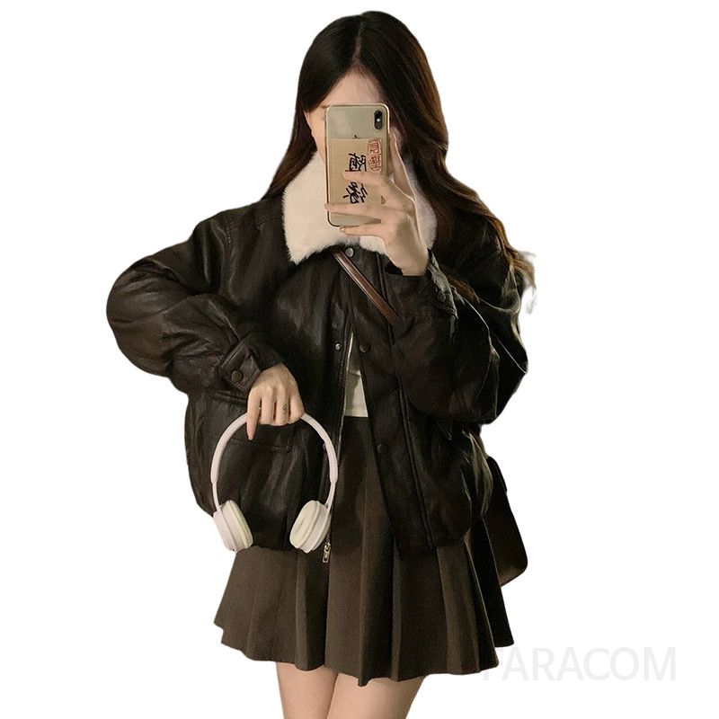 여성 양털안감 PU 가죽 무스탕 항공점퍼 오버핏 두툼한 루즈핏 캐주얼 데일리 겨울 아우터 - 상세 이미지 5