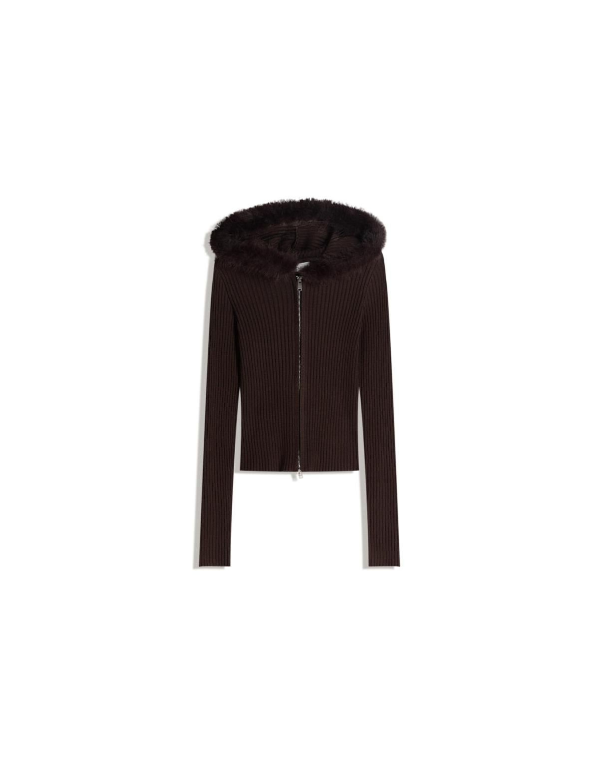 버쉬카 페이크 퍼 후드 니트 집업 재킷 7024/686 BROWN - 메인 이미지