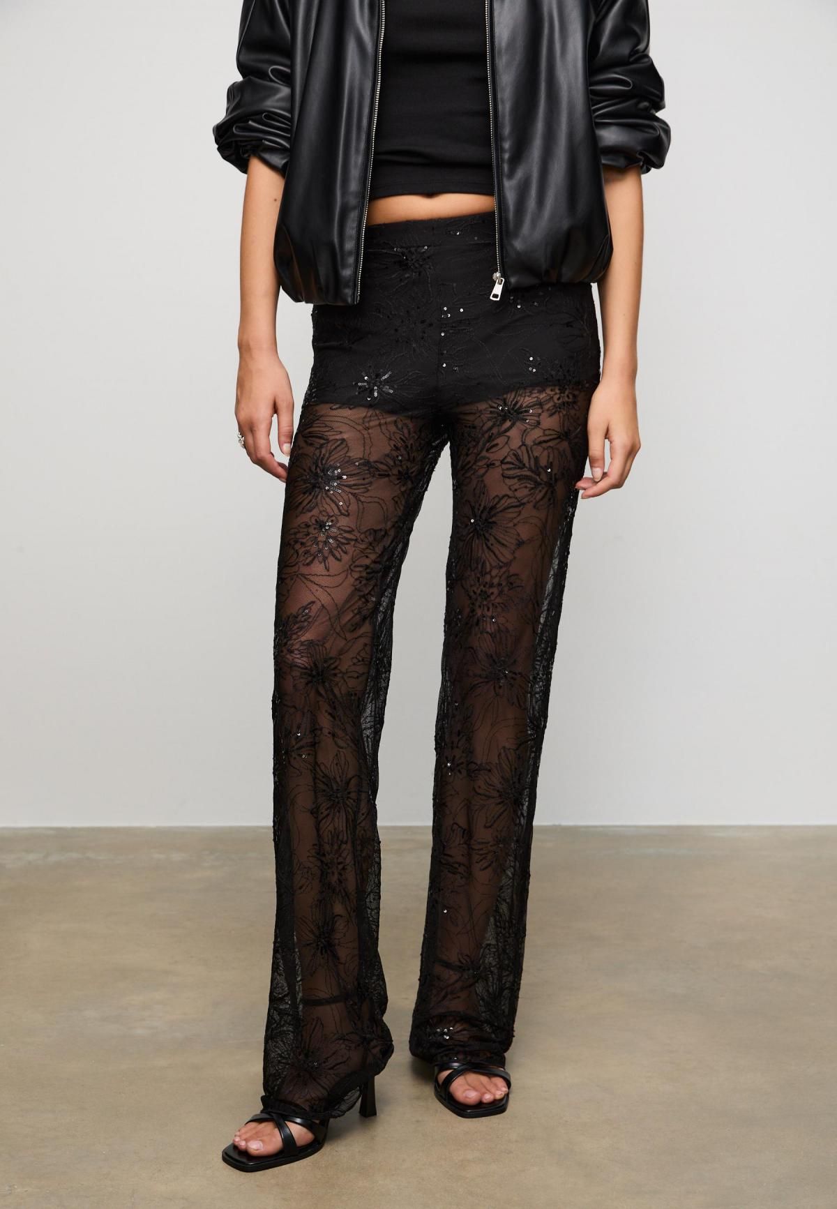 스트라디바리우스 시퀸 플라워 자수 시스루 와이드 팬츠 4534/775 BLACK - 상품 이미지