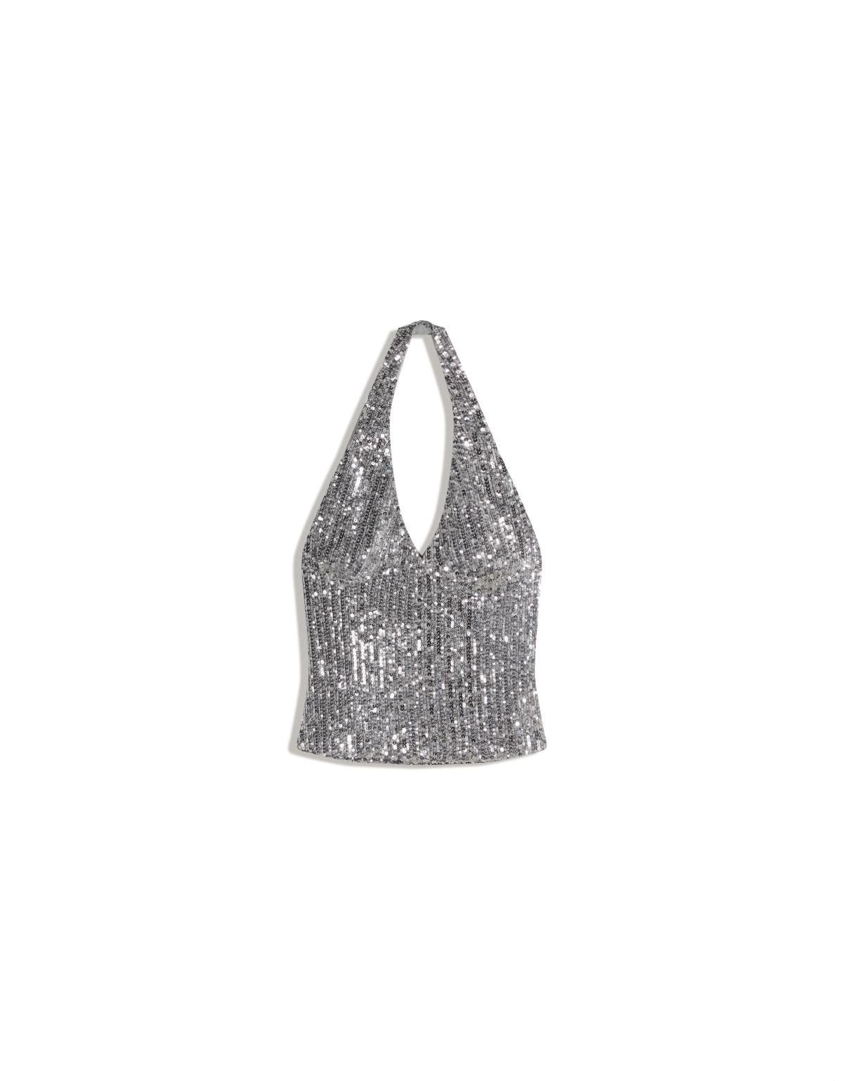 버쉬카 글리터 시퀸 홀터넥 크롭 탑 8789/710 SILVER - 상세 이미지 3