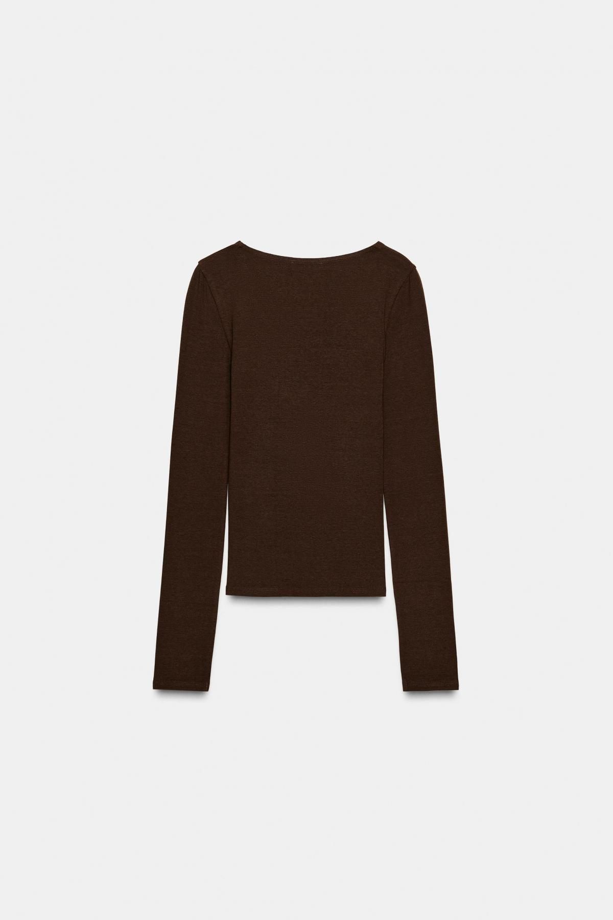 자라 베이직 슬림핏 라운드넥 긴팔 티셔츠 3641/750 BROWN - 상세 이미지 5