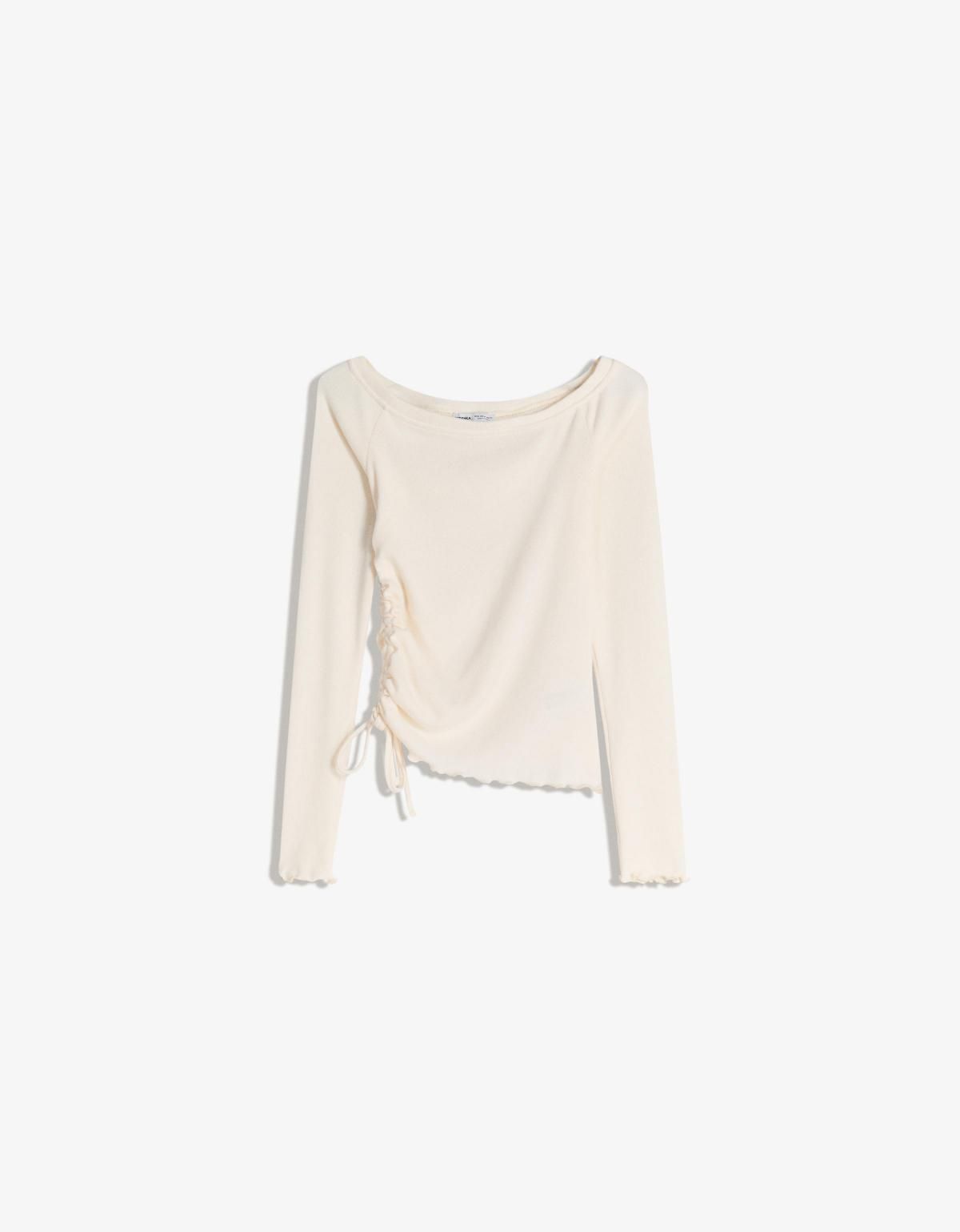 버쉬카 비대칭 셔링 긴팔 티셔츠 아이보리 7845/173 CREAM - 메인 이미지