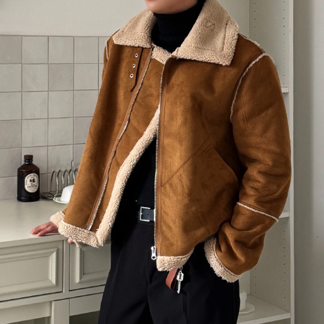 남자 레리 오버핏 겨울 양털 스웨이드 무스탕 자켓 제품 이미지