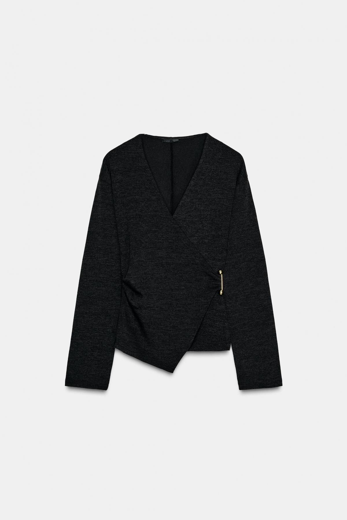 자라 브이넥 사이드 브로치 긴팔 탑 5067/175 DARK ANTHRACITE - 메인 이미지