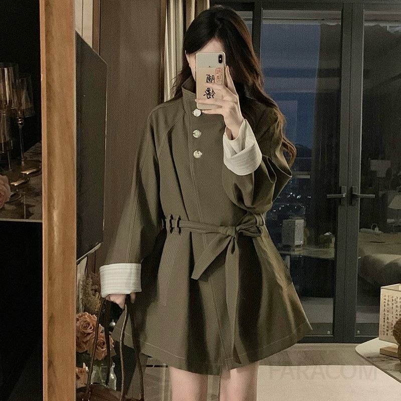 여성 빅사이즈 쓰리버튼 탈부착 허리 벨트 카키 미디 트렌치 코트 오버핏 루즈핏 가을 아우터 자켓 - 상세 이미지 2
