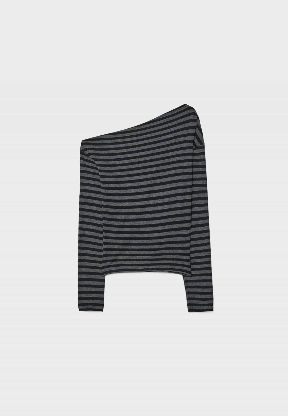 스트라디바리우스 스트라이프 비대칭넥 긴팔 티셔츠 7091/150 DARK GREY - 상품 이미지