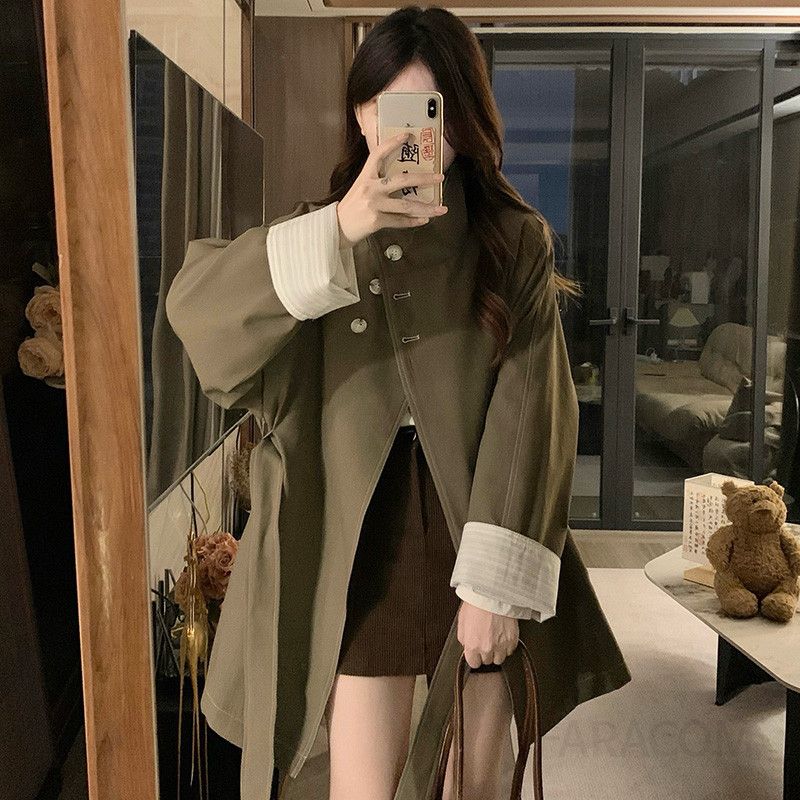 여성 빅사이즈 쓰리버튼 탈부착 허리 벨트 카키 미디 트렌치 코트 오버핏 루즈핏 가을 아우터 자켓 - 상세 이미지 3