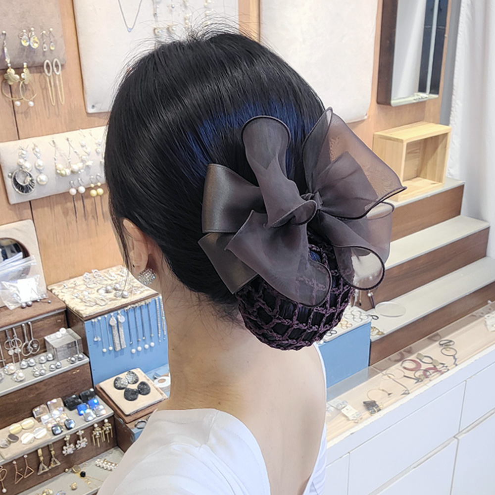 루루핀 무광 4센치 나비 위 시스루 2겹 직장인 면접용 간호사 마트 브라운 리본 망핀 - 메인 이미지