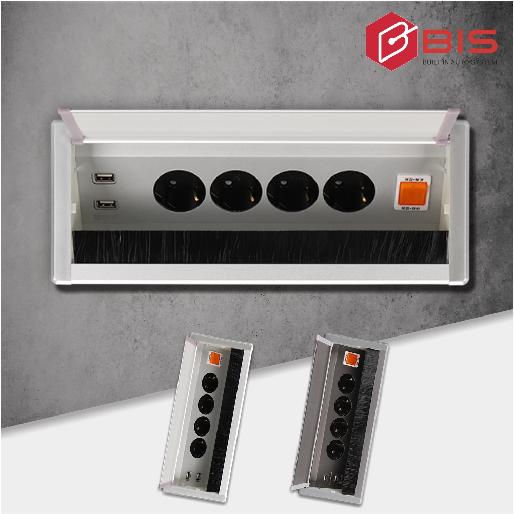 BIS 빌트인콘센트 BID-402MF 실버 4구 USB 사무실 가구 식탁 상판 매립 콘센트 - 상품 이미지
